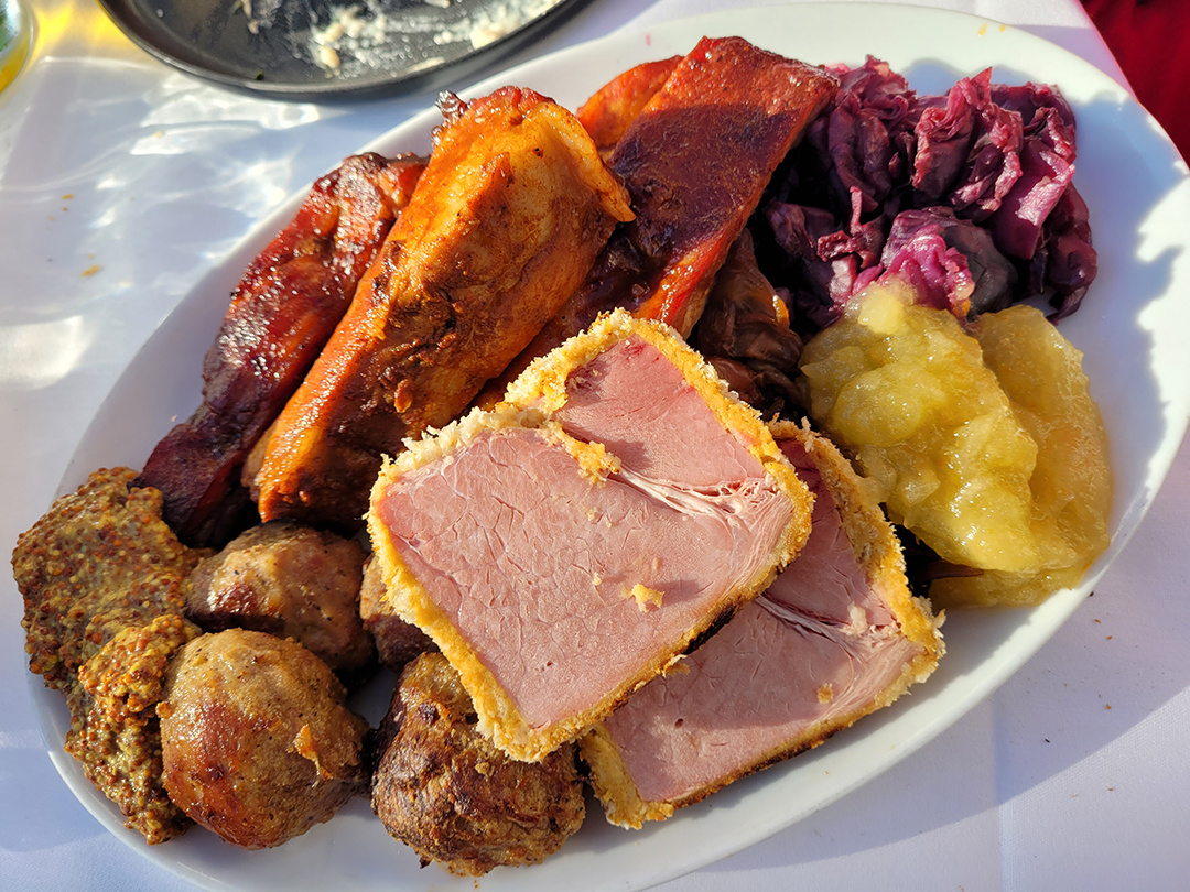 Mustard-baked Christmas ham (julskinka), Swedish meatballs, sausages, ginger-glazed spare ribs at Stockhome's annual Julbord in Petaluma. (Heather Irwin/Sonoma Magazine)