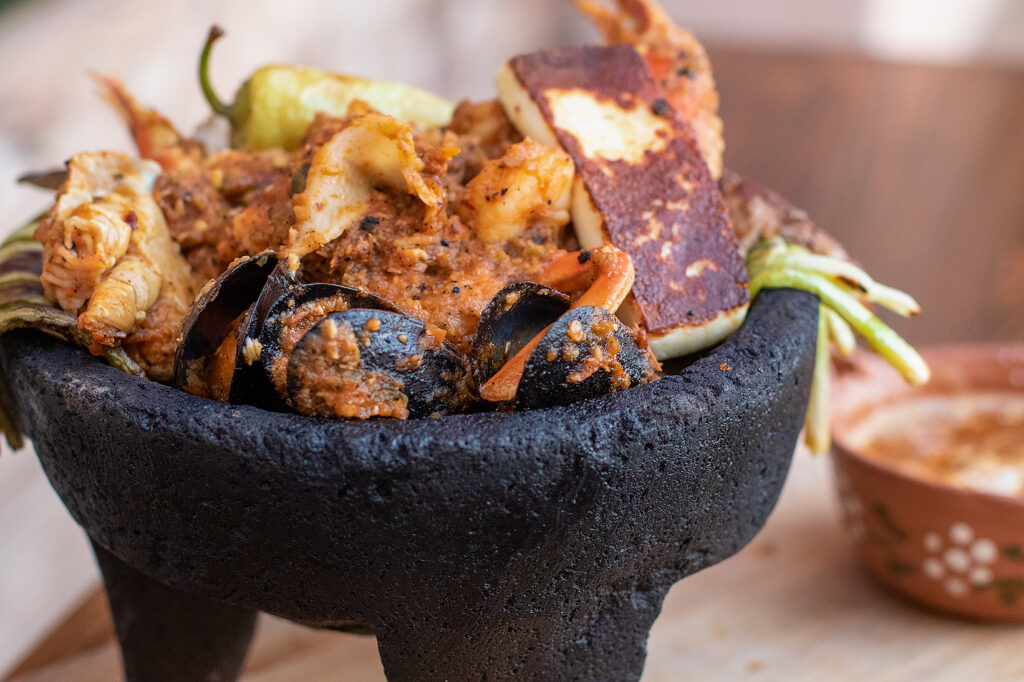 Molcajete Mariscos at Pezcow restaurant. (Heather Irwin/Sonoma Magazine)
