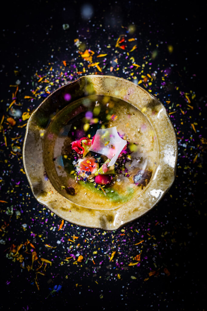 Rhubarb and green tea with almond cream from SingleThread in Healdsburg. (Courtesy of SingleThread)