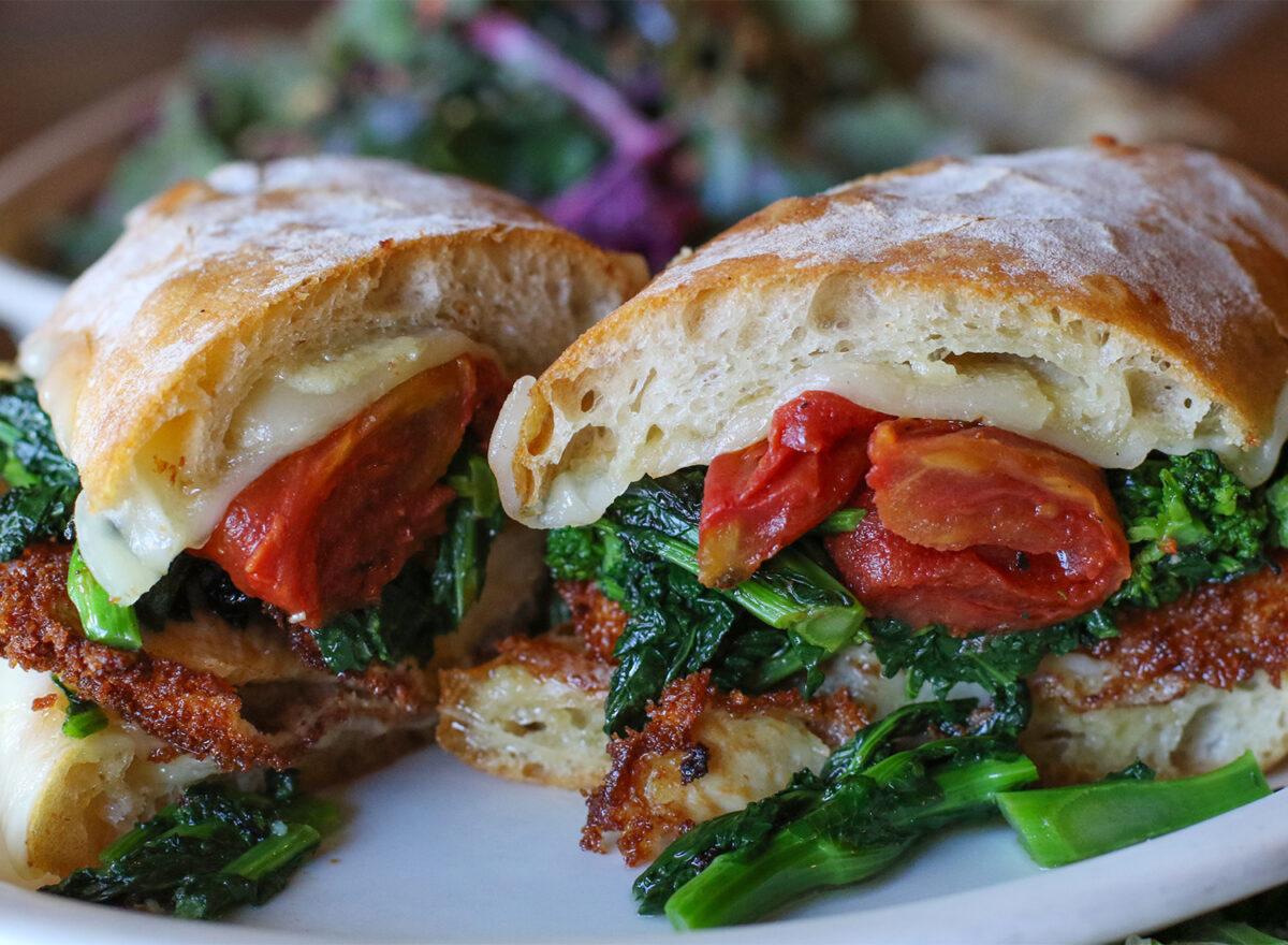 Philly sandwich with fried chicken breast, provolone, oven roasted tomatoes and broccoli rabe. (Heather Irwin/Sonoma Magazine)