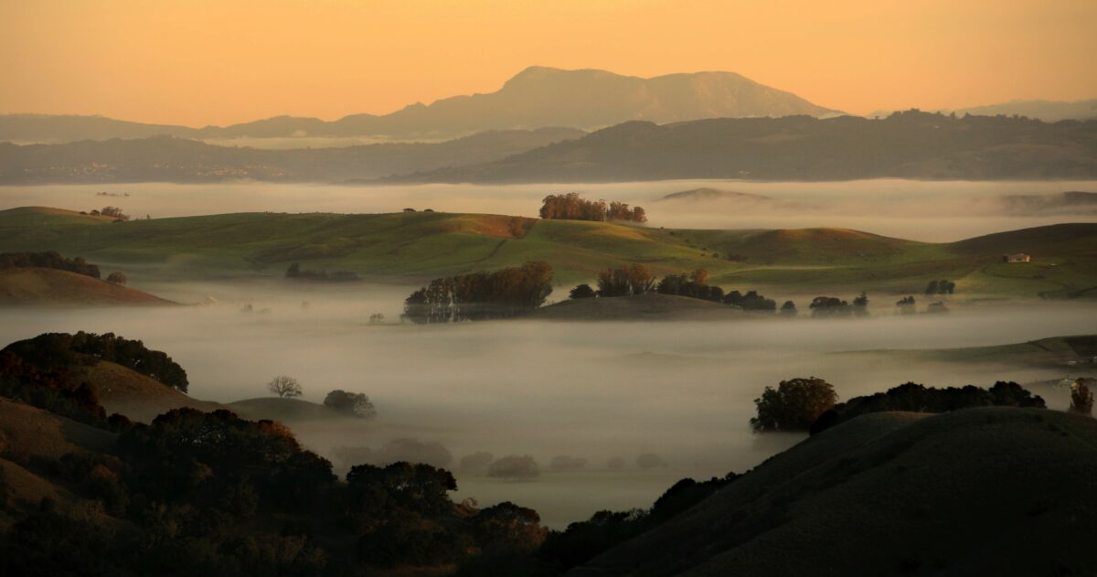 Ground fog hugs Chileno Valley as the rolling hills of Spring Valley Road, middle, and Mount St. Helena are bathed in morning light. (Kent Porter/The Press Democrat)