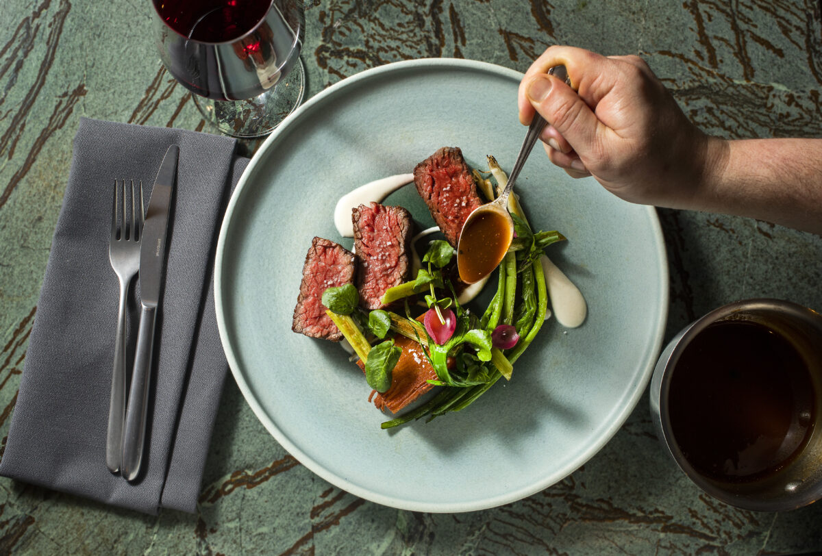 Snake River Wagyu Babette with potato pave, alliums horseradish and black truffle from The Matheson in Healdsburg. (John Burgess/The Press Democrat)