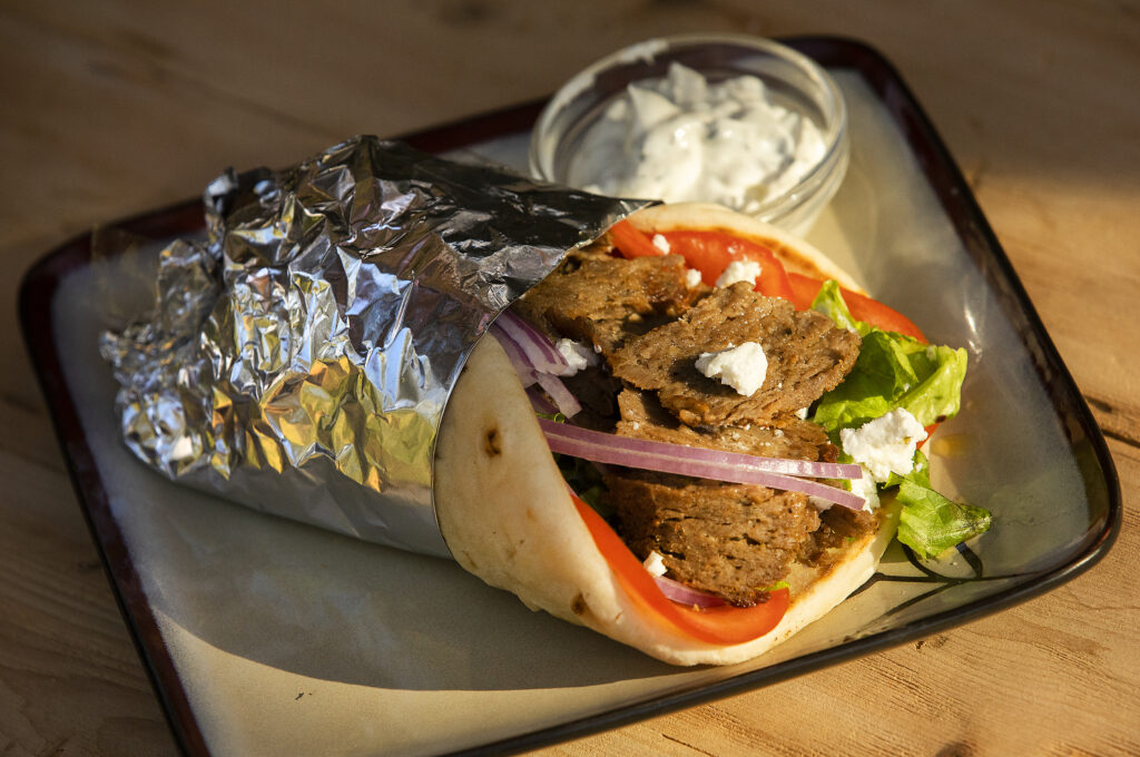 The Pita Gyros include choice of seasoned beef strips, chicken or lamb with tomato, onion, lettuce & feta cheese wrapped in traditional white or wheat pita with a homemade tzatziki sauce from Ulia's Delicatessen in Santa Rosa. (Photo by John Burgess/The Press Democrat)