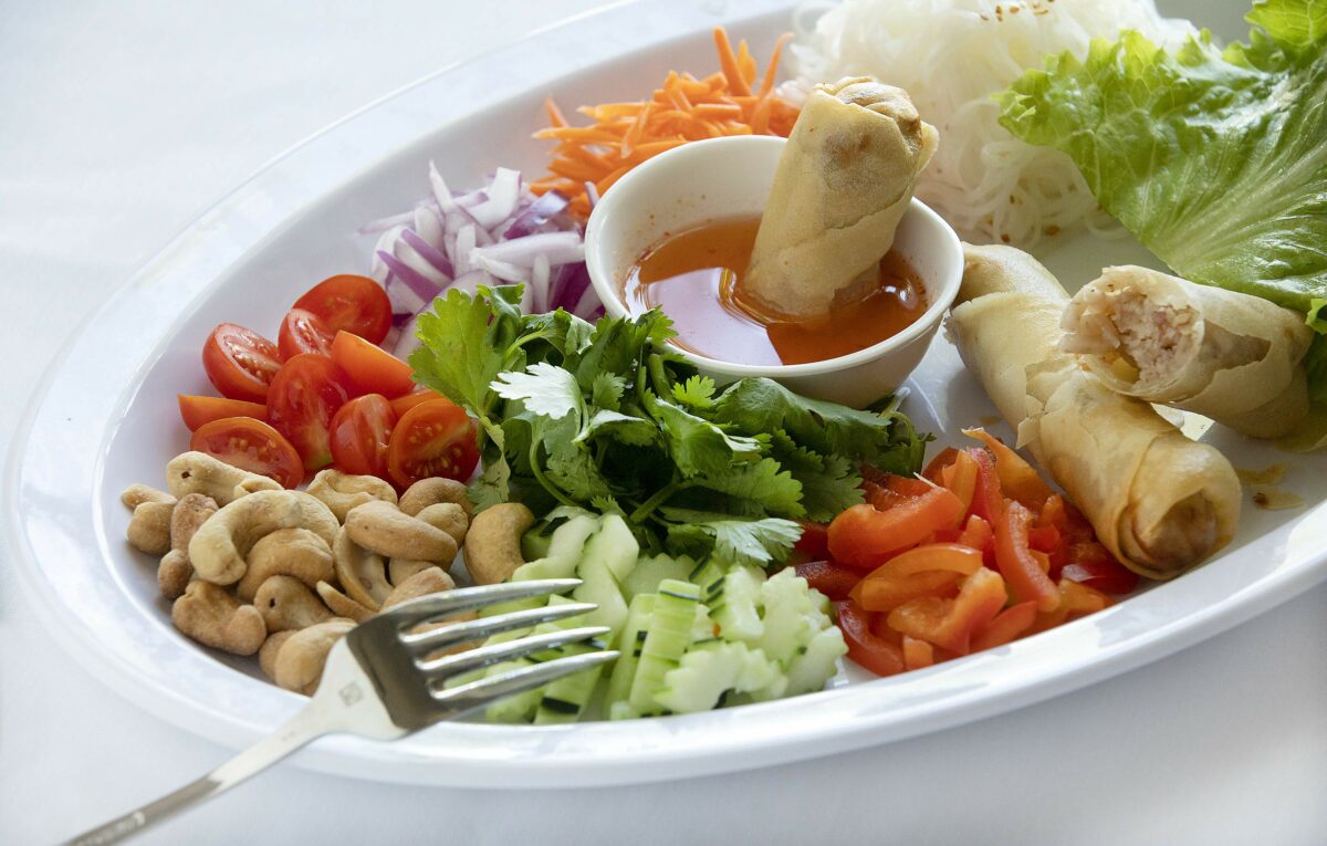 Bangkok Rolls with rice noodles, cashews, taro rolls and vegetables wrapped in lettuce from Khum Koon Thai Cafe in Windsor. (John Burgess/The Press Democrat)