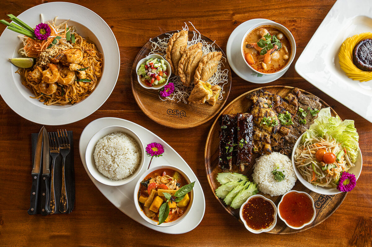 Clockwise from bottom right, Special BBQ combo with chicken, pork, beef and ribs, Pumpkin Curry, Pad Thai, Potato Samosas, Tom Yum Soup and Mango Sticky Rice from Thai BBQ House Petaluma on Friday, January 16, 2022. (Photo by John Burgess/The Press Democrat)
