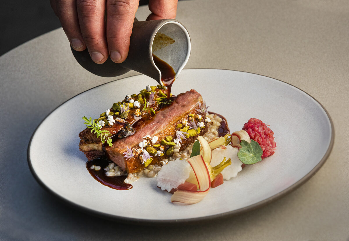 Liberty Farm Duck Breast with rhubarb, turnip and pistachio from Hazel Hill at Montage Healdsburg. (John Burgess/The Press Democrat)