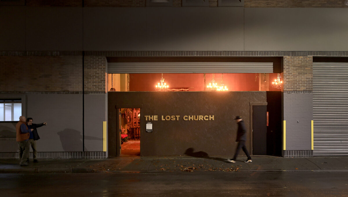 A false wall hides The Lost Church, located in the old loading dock at the Press Democrat, Thursday, Oct. 21, 2021 in downtown Santa Rosa. (Kent Porter / The Press Democrat) 2021
