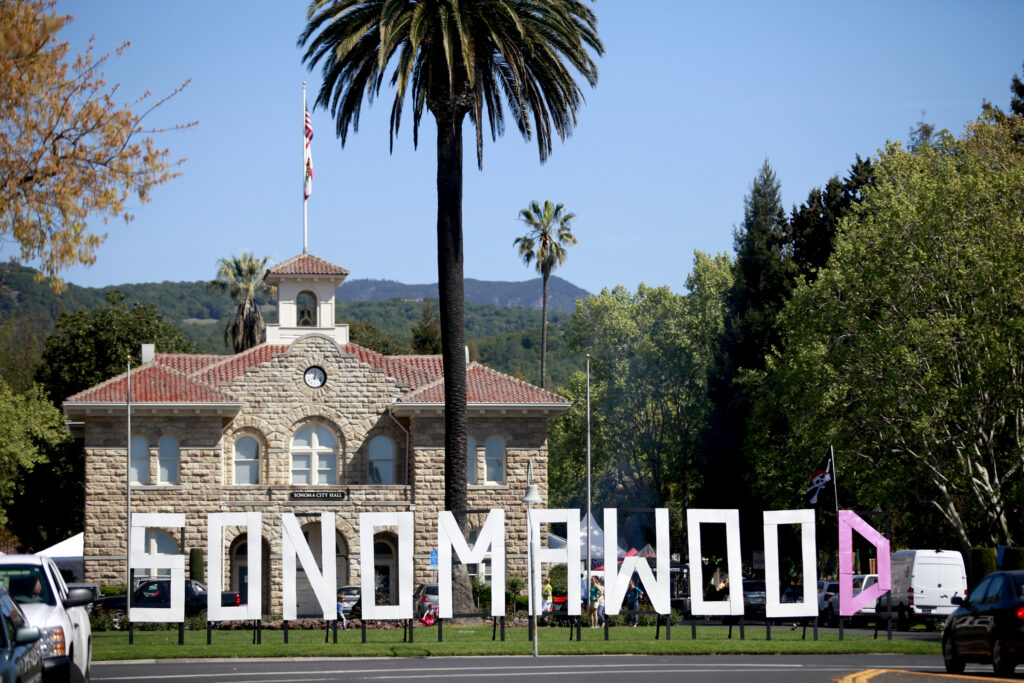 The "D" on a "Sonomawood" sign, referencing the famous Hollywood sign, was painted pink and a Jolly Roger flag was attached to the top by an unknown person before the Sonoma International Film Festival on Sunday, April 6, 2014 in Sonoma, California. (BETH SCHLANKER/ The Press Democrat)