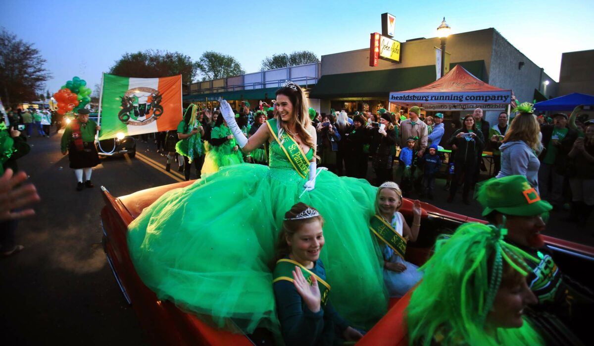 Meghan Tripp of Healdsbug, the Healdsburg St. Patrick's Day princess, with her court, Ireland Heyfron, 7, left and Katelyn Filben, 6, right, on Friday, March 17, 2017. (Kent Porter/The Press Democrat)