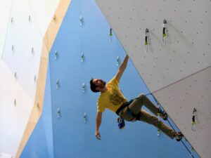 Kevin Jorgeson makes his way up a newly installed route at Session Climbing in Santa Rosa on Thursday, January 27, 2022. (Christopher Chung/ The Press Democrat)