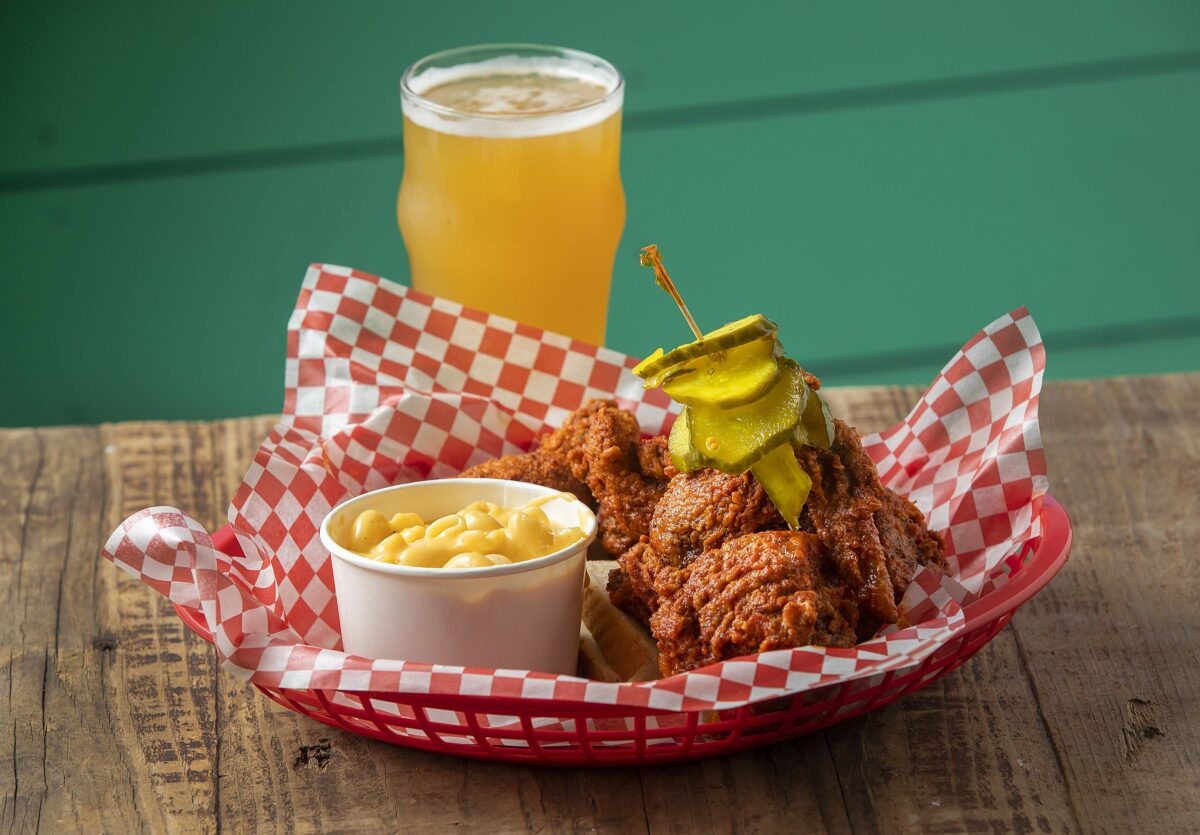 Spicy Fried Chicken with mac and cheese and pickles from Lou's Luncheonette in Sonoma. (John Burgess/The Press Democrat)