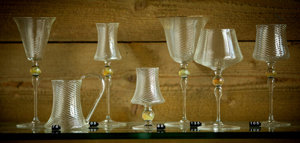A selection of handblown glasses from Michael Dickinson of Dickinson Glass Studio and showroom in Sebastopol's Barlow. (John Burgess/The Press Democrat)