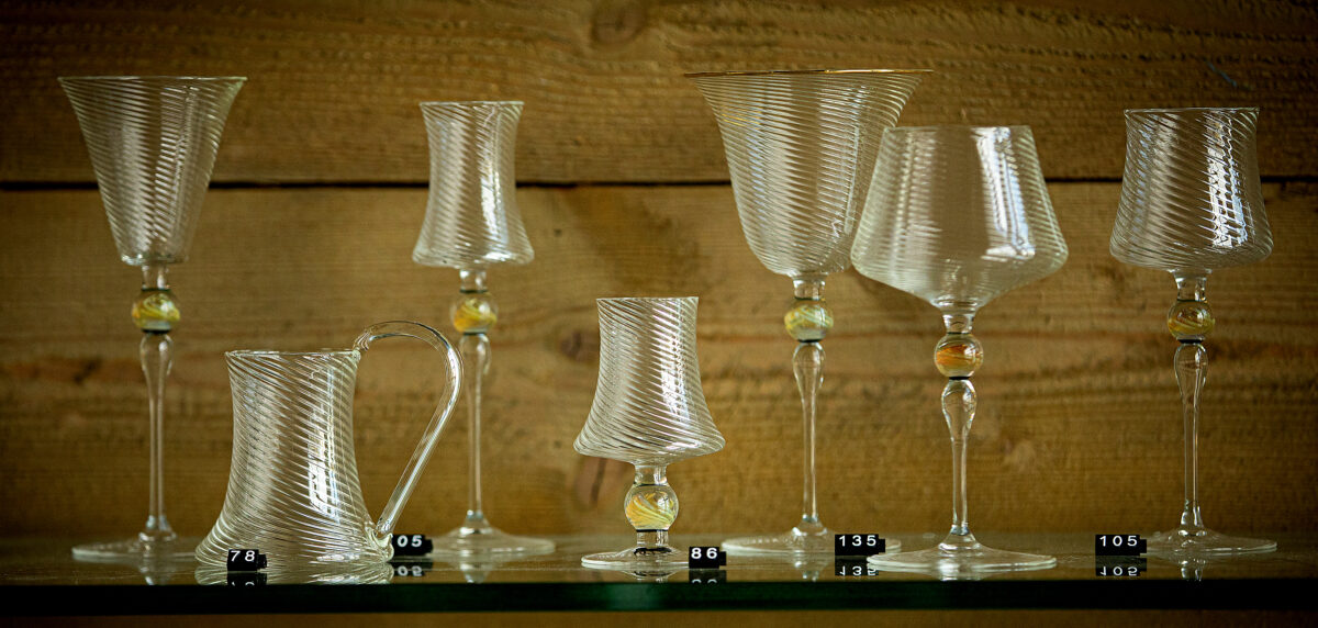 A selection of handblown glasses from Michael Dickinson of Dickinson Glass Studio and showroom in Sebastopol's Barlow. (John Burgess/The Press Democrat)