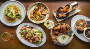Clockwise from top left, Cajun Spiced Catch of the Day, Shrimp and Grits, Bacon + Cheddar Hushpuppies, Collards + Mac and Cheese, Southern Fried Chicken Dinner, Smoked Trout + Baby Lettuces from Easy Rider in Petaluma. (John Burgess/The Press Democrat)