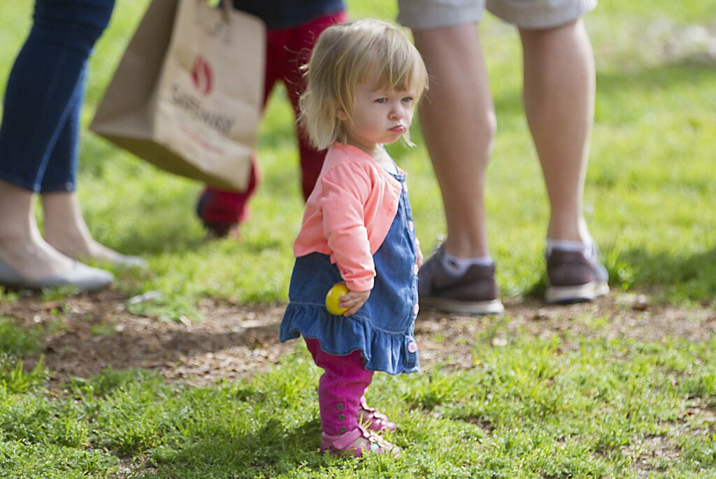 Two-year-old Zoe Cooper got her candy-filled egg and nobody was going to take it from her during this Easter egg hunt on the Sonoma Plaza. (Robbi Pengelly/Sonoma Index-Tribune)