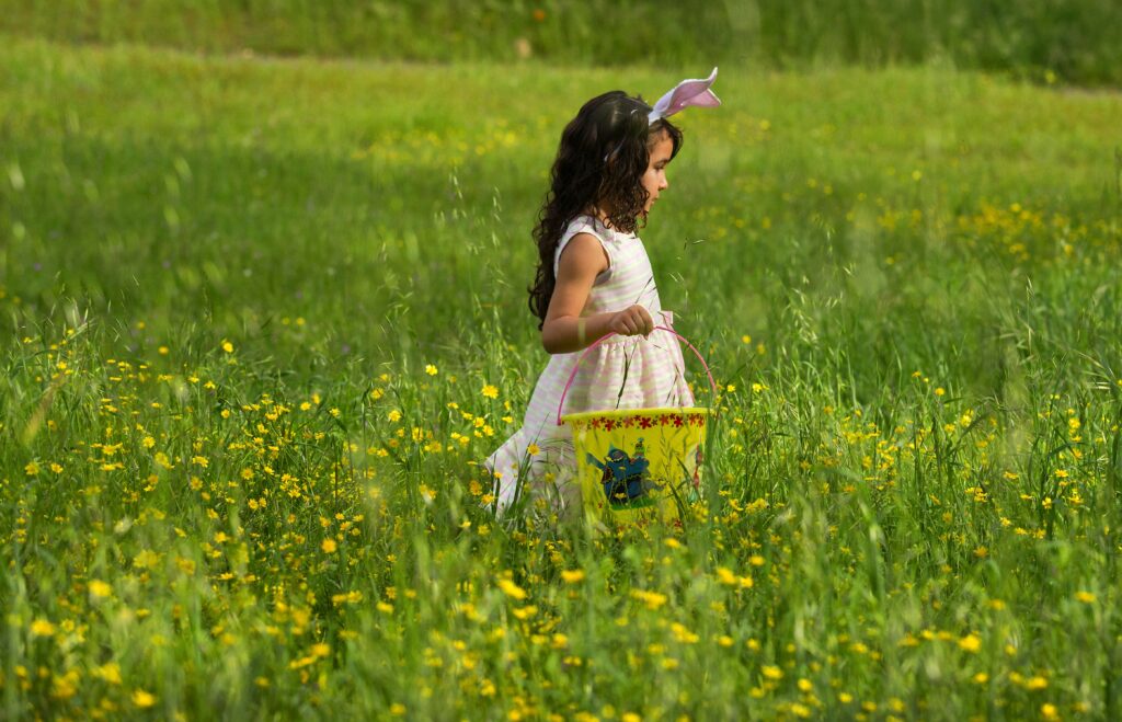Laksmie Silva 5, of Vallejo searches for eggs in the tall grass at the 30th annual Glen Ellen Easter egg hunt at Dunbar School. (John Burgess/The Press Democrat)