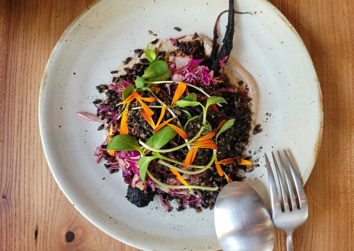Purple haze carrots with shaved red cabbage, crunchy rice, XO sauce at Little Saint in Healdsburg. (Heather Irwin/The Press Democrat)