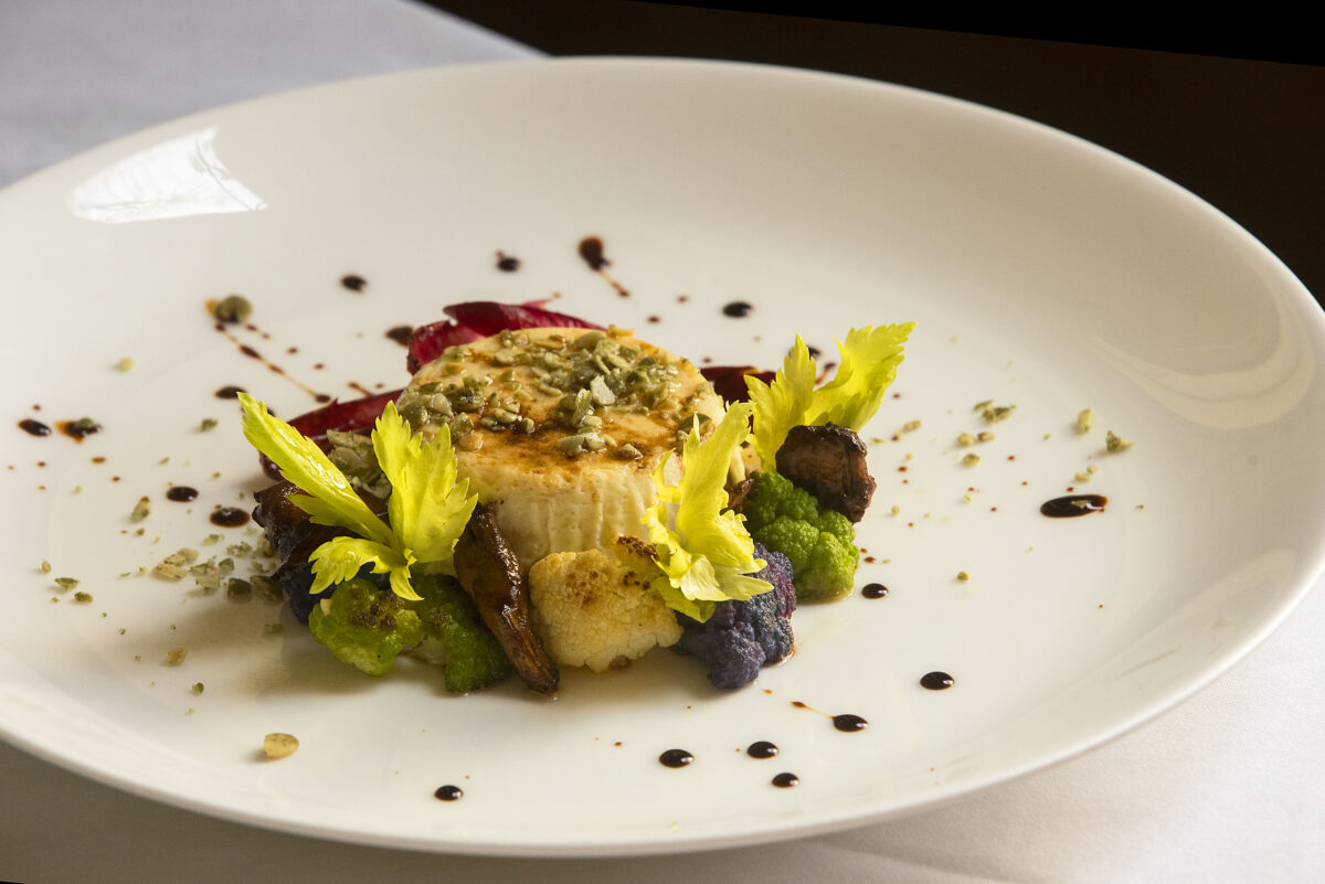 Cauliflower sformato with chanterelle mushrooms, pepita-cauliflower crumb, treviso and smoked California balsamic from Dry Creek Kitchen in Healdsburg. (John Burgess/The Press Democrat)