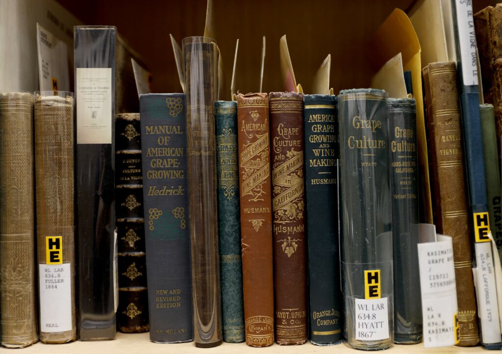 A row of rare and restricted use books about wine and grape growing at the Sonoma County Wine Library in Healdsburg. (Beth Schlanker/The Press Democrat)