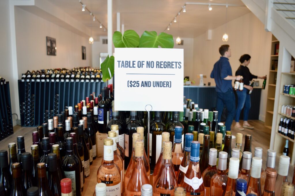The “Table of No Regrets" at Avinage in Petaluma features dozens of under-the-radar wines priced at $25 or less. (Tina Caputo)