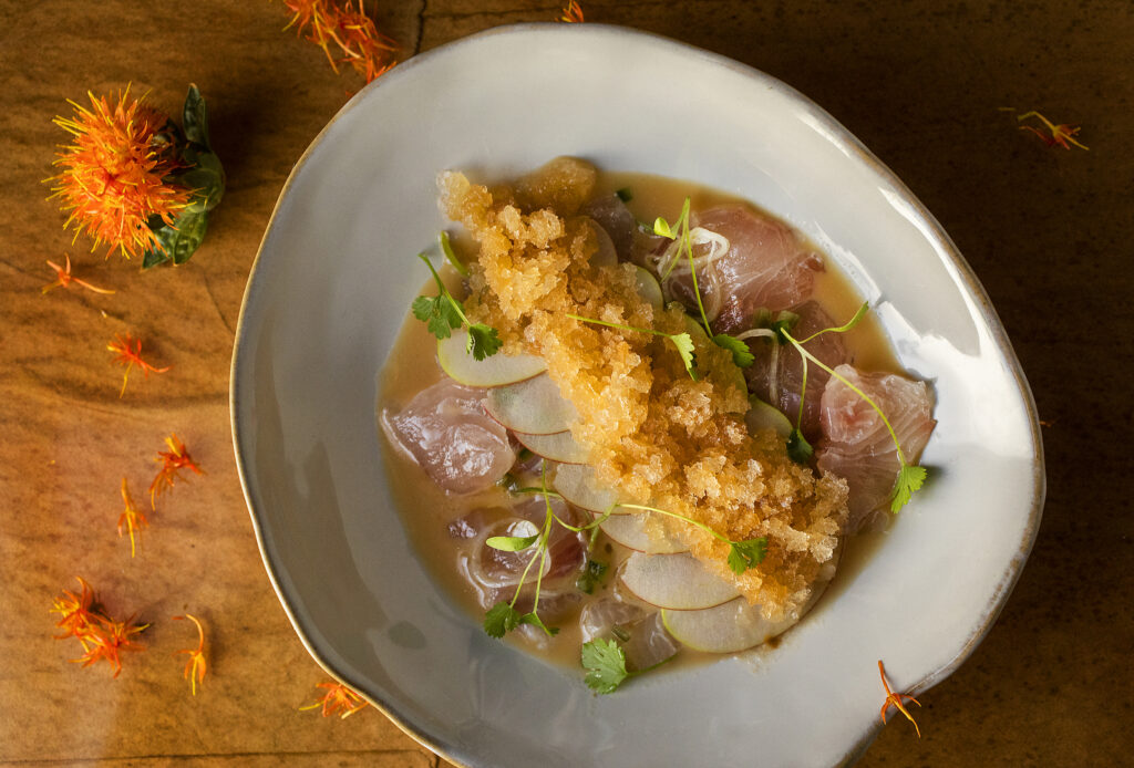 Kanpachi Ceviche with apples, apple granita, chives, the first course of the ever changing Prix-fixe menu from EDGE restaurant in Sonoma. (John Burgess/The Press Democrat)