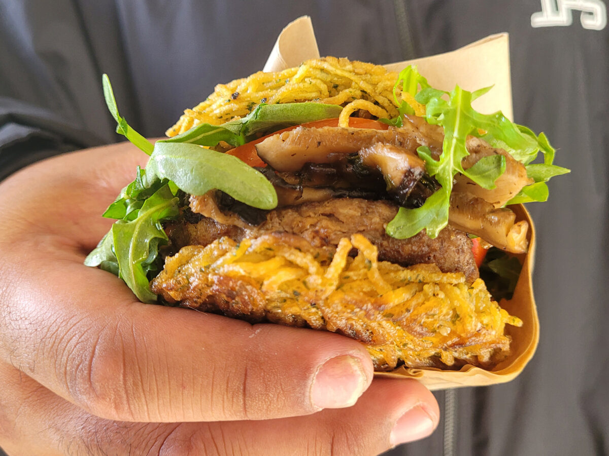 Ramen Burger from Nombe at BottleRock Napa Valley on Friday, May 27, 2022. (Heather Irwin/Sonoma Magazine)