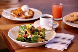 The Green Green Salad, featuring butter lettuces, spring greens, bacon lardons, sieved egg, sliced carrots and radish, croutons, My Father's Favorite Vinaigrette, preserved lemon crema at Marla Bakery pop-up at The Spinster Sisters in Santa Rosa. (Beth Schlanker/The Press Democrat)