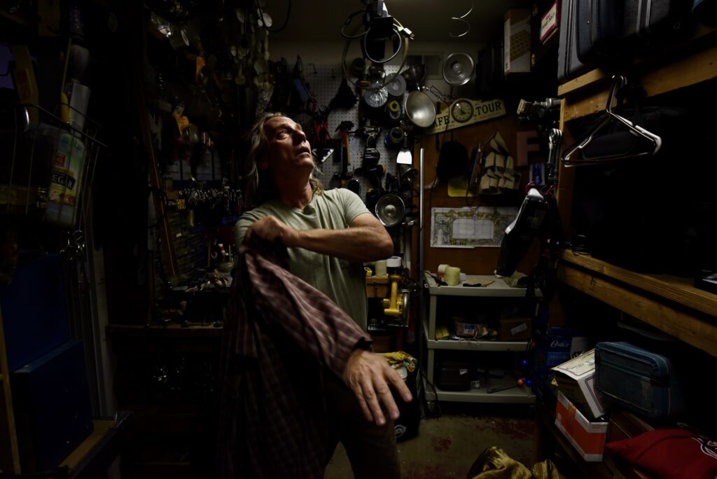 Imaginists theater co-founder and actor Brent Lindsay putting on his characterís costume during a dress rehearsal for ìS D A (Someone Dies Again),î a new work that focuses on the role that gun violence play in American society at The Imaginists theater in Santa Rosa, Calif., on Monday, April 30, 2022. ( Castro/For The Press Democrat)