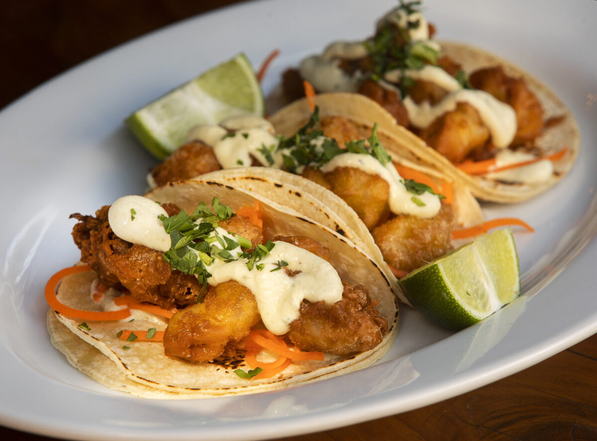 Tempura Fried Calamari Tacos with green chili crema and shredded carrots from Reel & Brand in Sonoma. (John Burgess/The Press Democrat)