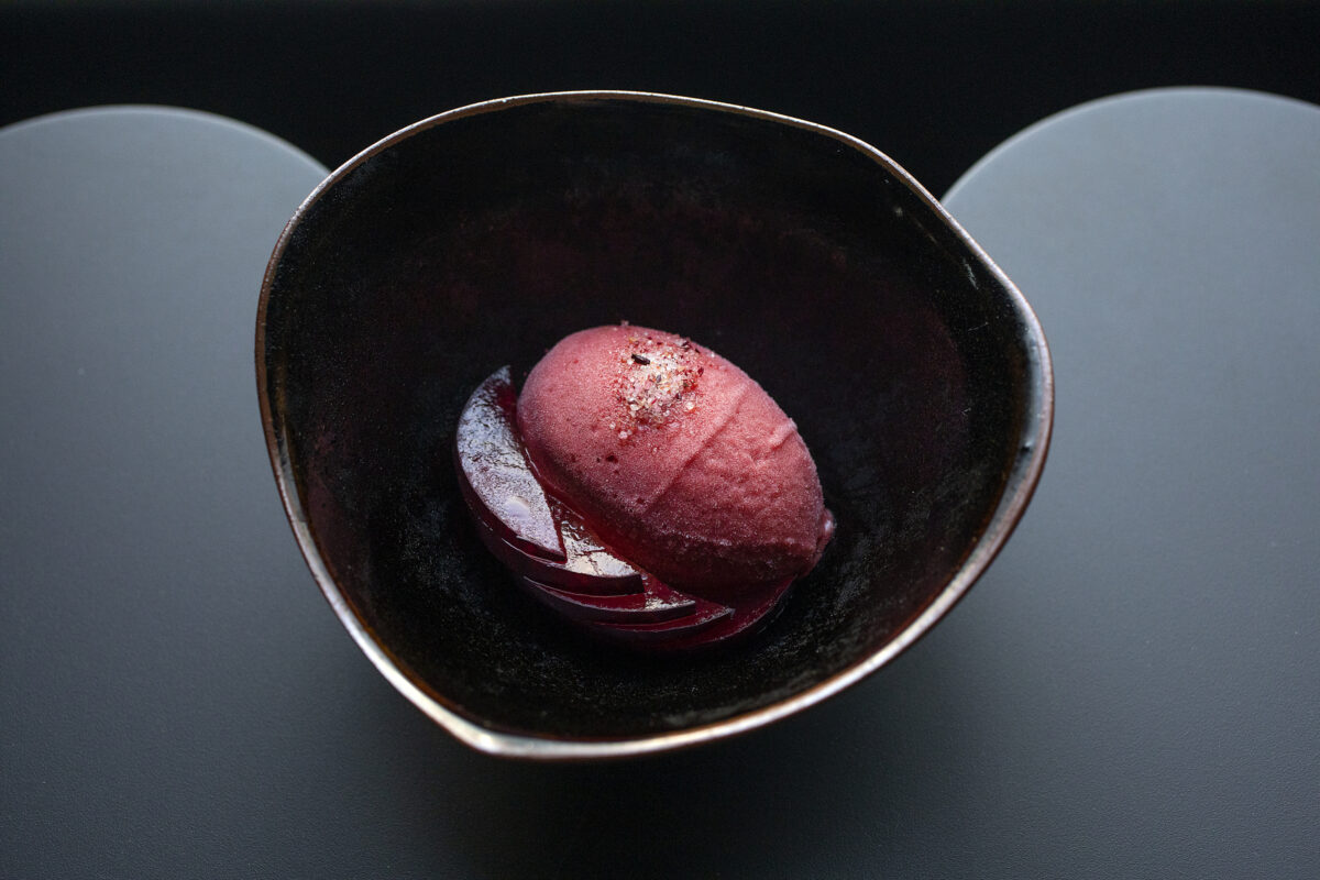 Santa Rosa plum sorbet with fermented plum salt and fresh plums from EDGE restaurant in Sonoma. (John Burgess/The Press Democrat)