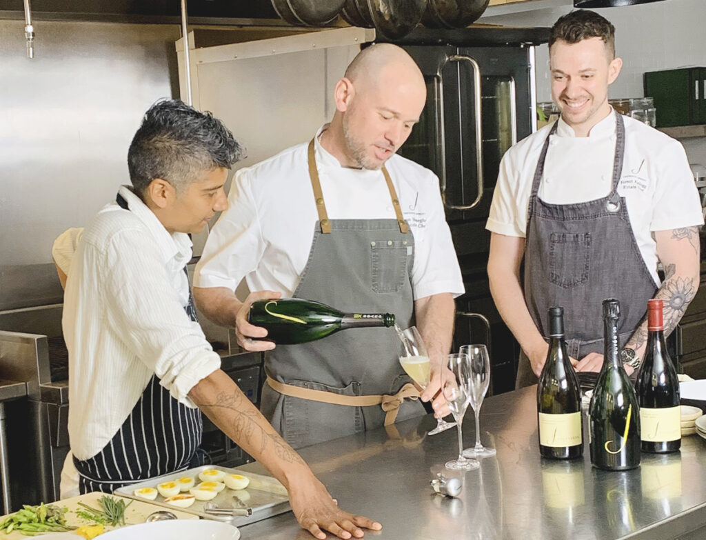 Chef Preeti Mistry with J Winery's Executive Chef Aaron Meneghelli and Estate Chef Chef Forest Kellogg. (J Winery)