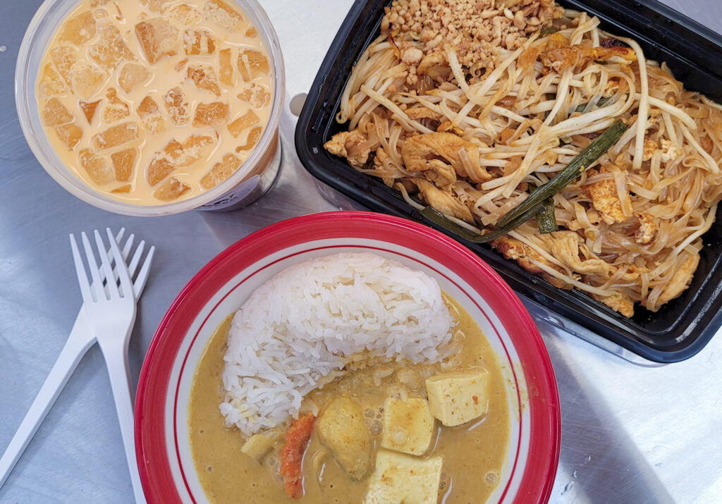 Thai Iced Tea, Pad Thai, and Yellow Curry with Sticky Rice from Charm Thai Kitchen in Rohnert Park. (Heather Irwin/Sonoma Magazine)