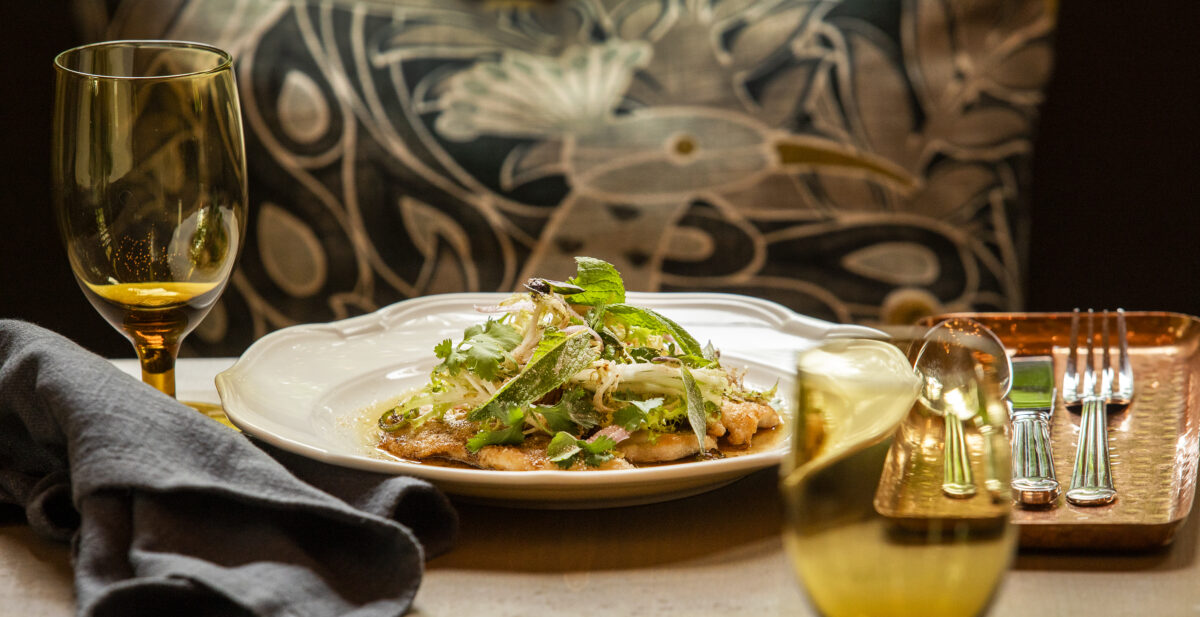 Chicken Paillard with spicy brown butter, herb salad, and toasted rice powder from The Madrona in Healdsburg. (John Burgess/The Press Democrat)