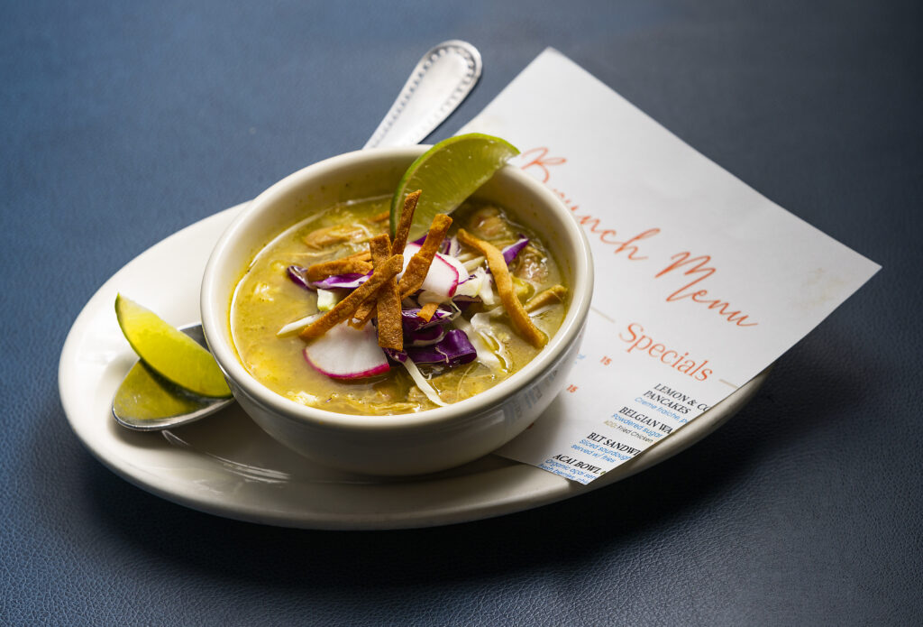 Kina's Pozole Verde with hominy, radish, cabbage and tortilla strips from Kina's Kitchen & Bar in Sonoma. (John Burgess / The Press Democrat)