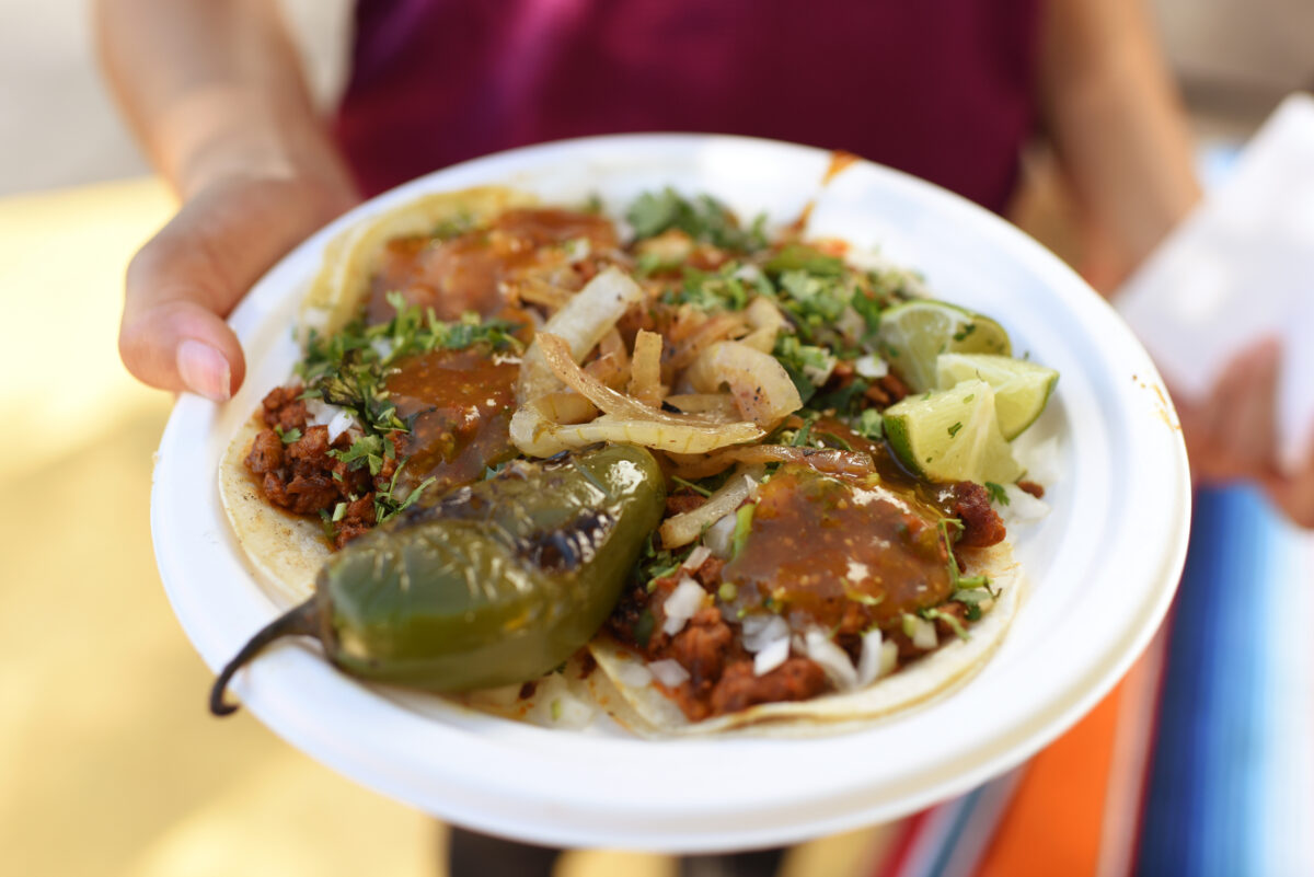 A plate of al pastor tacos from the Antojitos Victoria truck during the ribbon cutting celebration of the new Mitote Food Park on Sebastopol Road in the Roseland neighborhood of Santa Rosa on Thursday, July 14, 2022. (Erik Castro / For The Press Democrat)