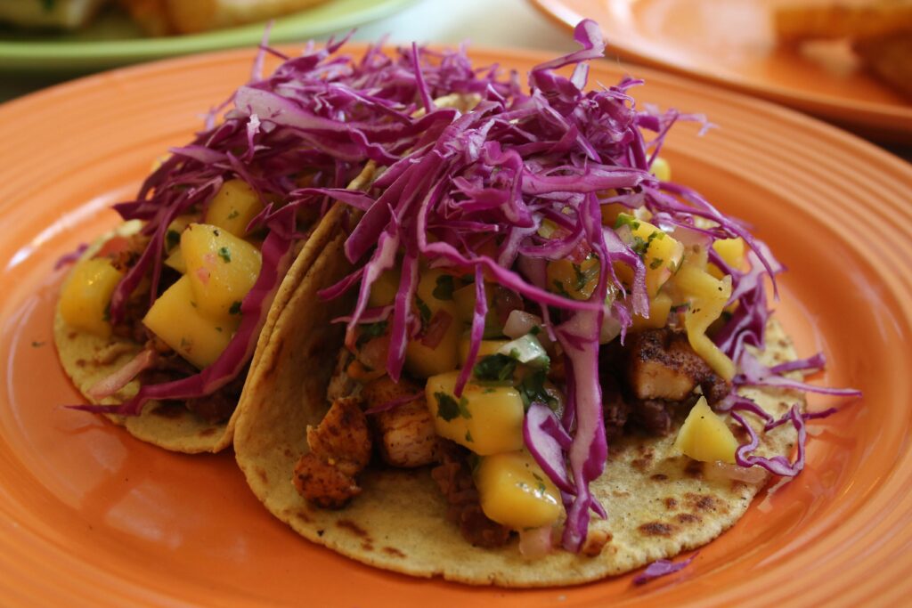 Jamaican jerk chicken tacos from Guiso Latin Fusion in Healdsburg. (Heather Irwin/Sonoma Magazine)
