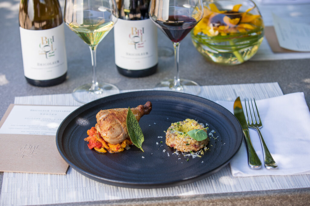 Estate Chardonnay with Petaluma Free Range Chicken Drumstick a la Basquaise; and Estate Pinot Noir with Anson Mills Organic Spelt Risotto at Bricoleur Vineyards in Windsor. (Bricoleur Vineyards)
