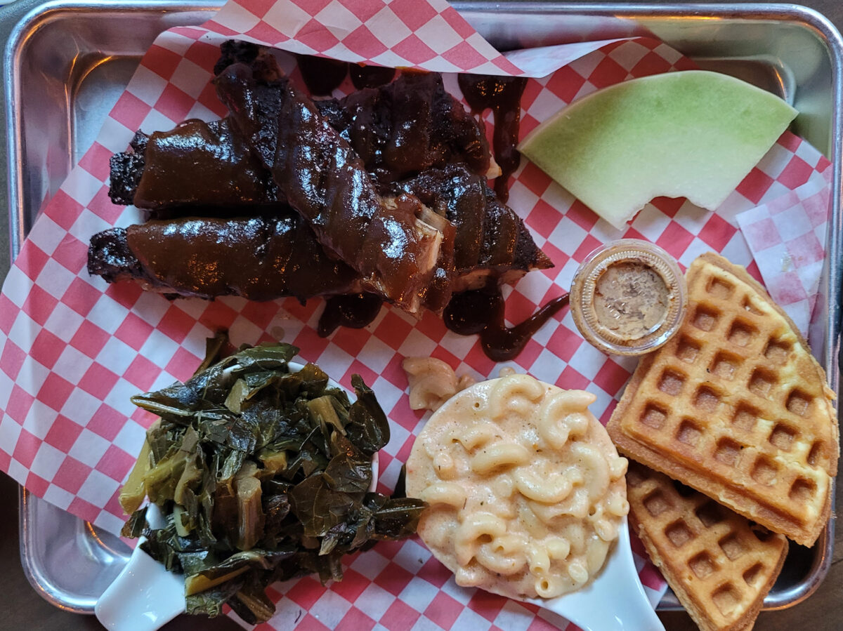 BBQ Pork Rib platter at Saucy Mama’s Jook Joint in Guerneville. (Heather Irwin / The Press Democrat)