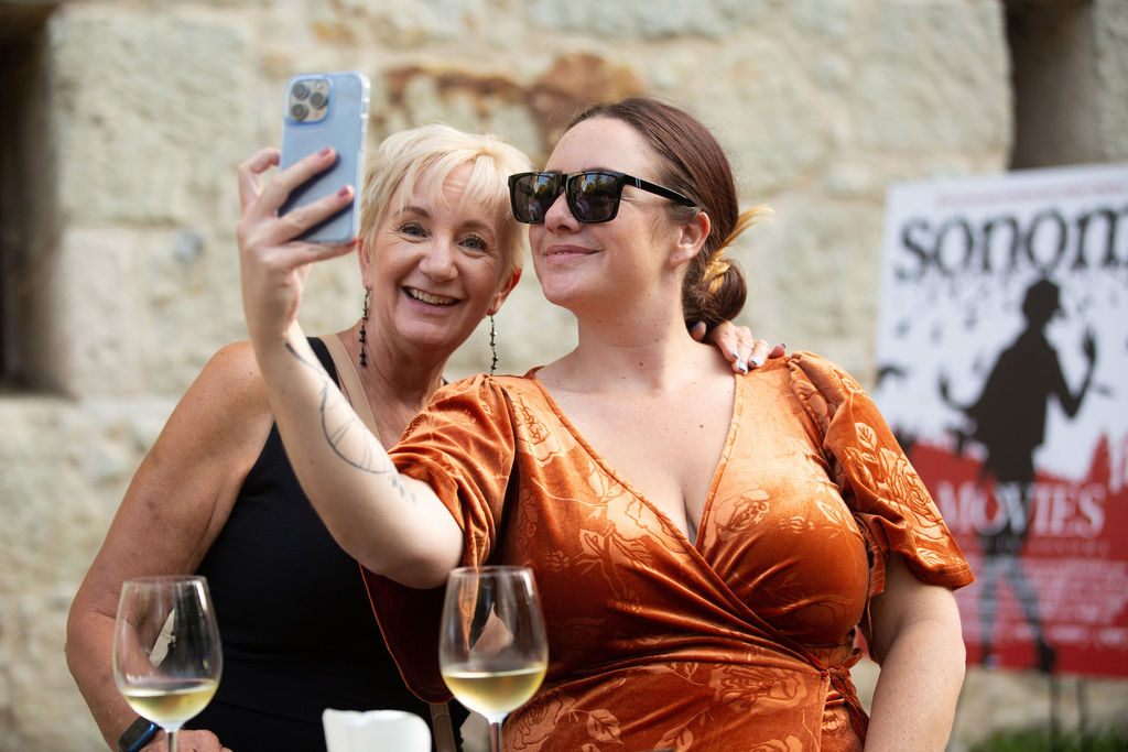 Audrey Green, left, and her daughter Micaela Green of Baletto Vineyards take a selfie at the Sonoma Magazine 10th Anniversary Party at Buena Vista Winery in Sonoma, CA which took place on July 28, 2022. (Photo by Charlie Gesell)