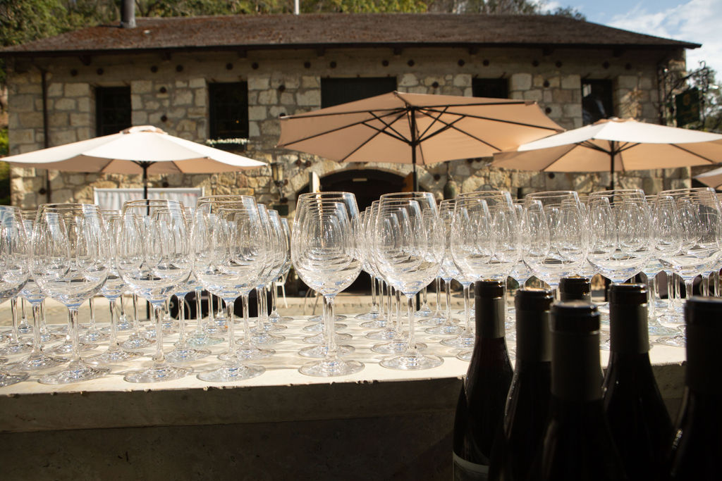 Wine glasses await the Sonoma Magazine 10th Anniversary Party at Buena Vista Winery in Sonoma, CA. The event took place on July 28, 2022. (Photo by Charlie Gesell)