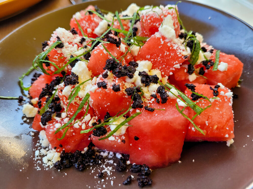 Watermelon with feta, olive and mint at the Farmstand at Farmhouse Inn. (Heather Irwin/Sonoma Magazine)