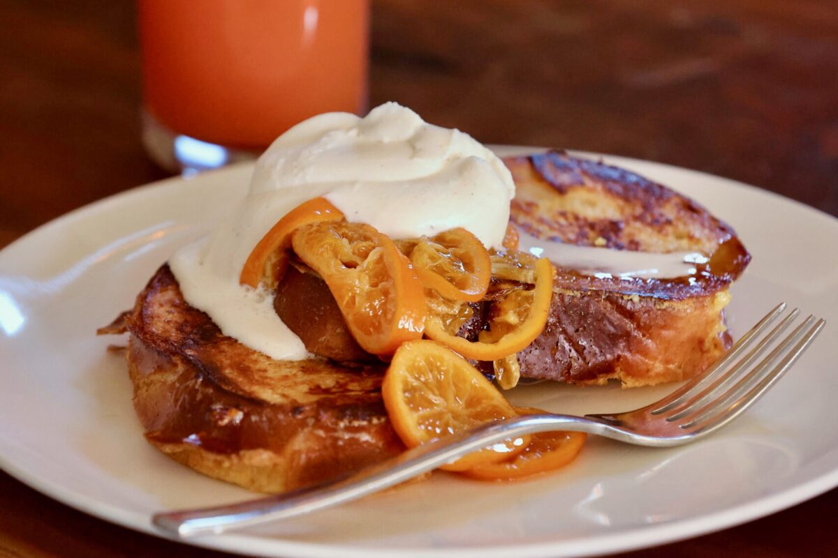 Challah French toast topped with clementine marmalade and sweeter creme fraiche from Marla Bakery. (Beth Schlanker/The Press Democrat)