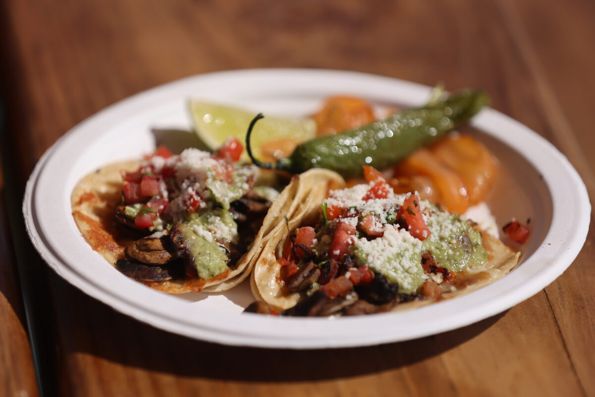 Mushroom tacos from the Lucha Sabina food truck at the Mitote Food Park in Santa Rosa. (Beth Schlanker/The Press Democrat)