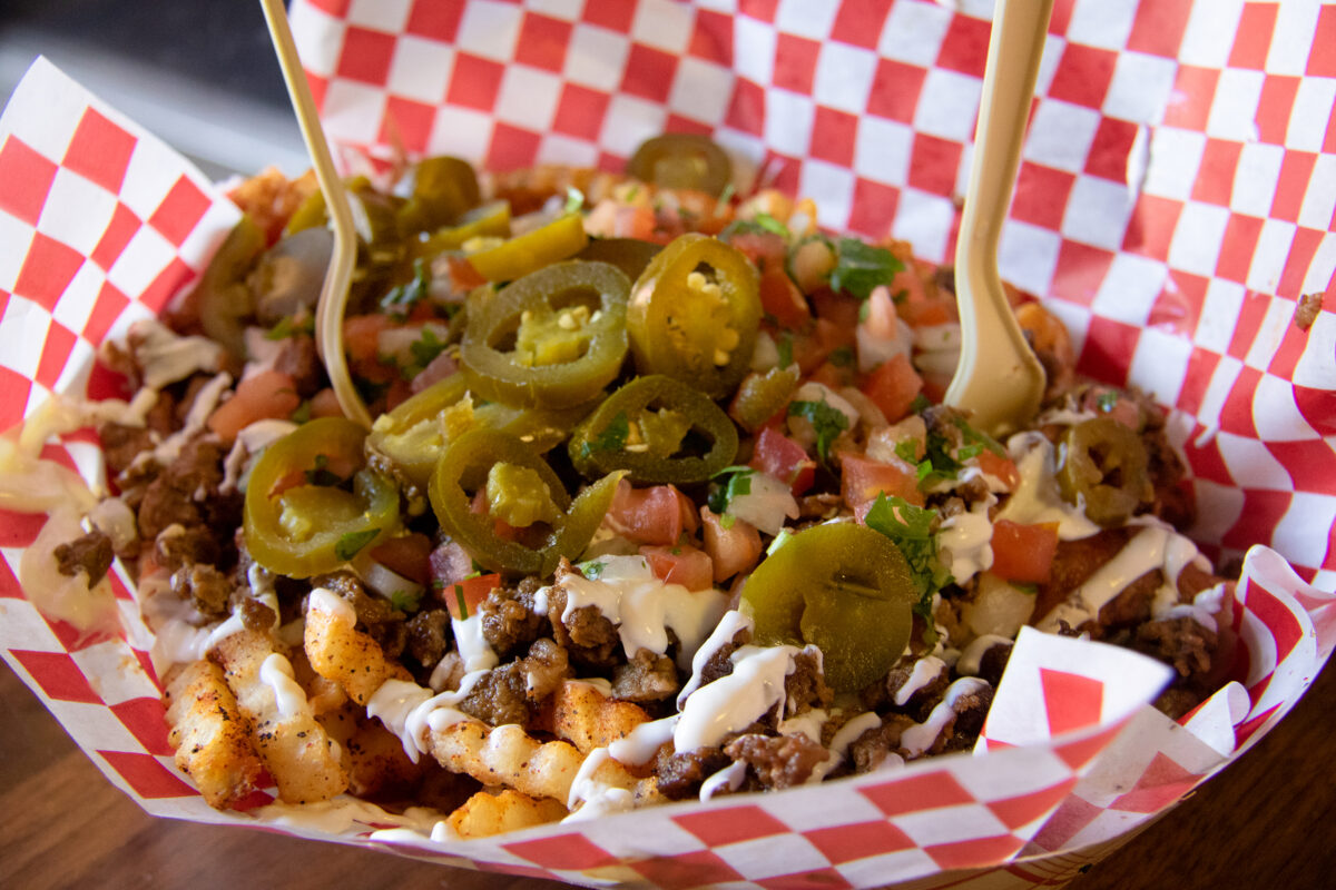 Carne asada fries require a fork at Galvan’s Eatery in Santa Rosa. (Heather Irwin / The Press Democrat)