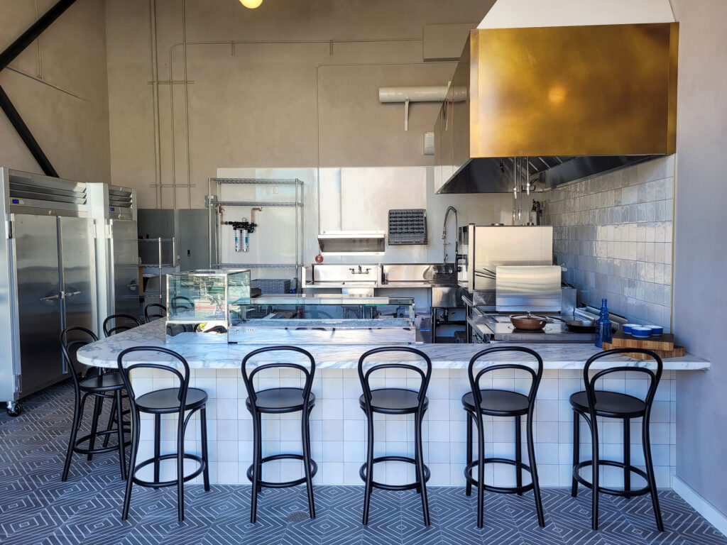 Chairs line the bar inside Oyster, a new Parisian-style seafood cafe opening in Sebastopol. (Heather Irwin / The Press Democrat)