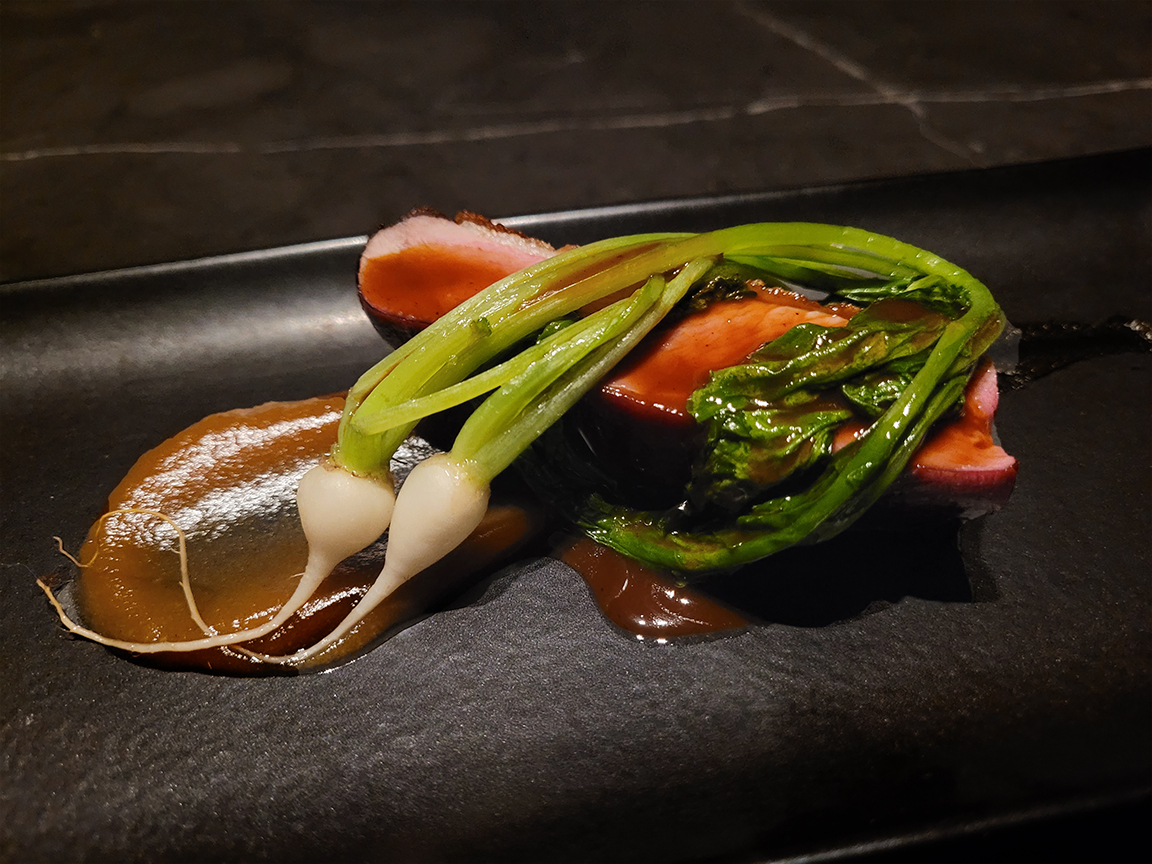 Sonoma Duck, Kosui Pear, Turnips and Hoisin on the opening menu at Cyrus restaurant in Geyserville. (Heather Irwin / Sonoma Magazine)