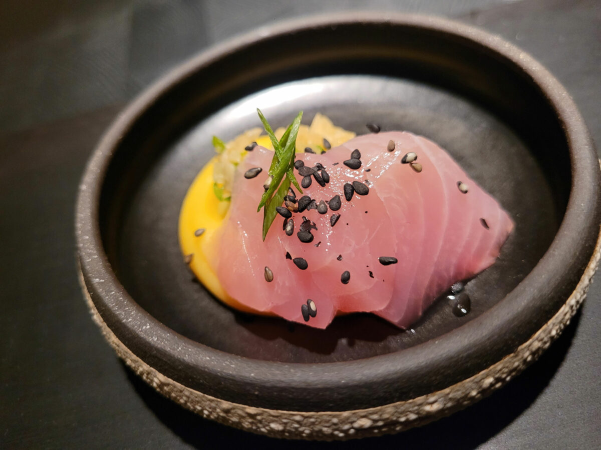 Kanpachi, Sweet Potato, and Passion Fruit Poke on the opening menu at Cyrus restaurant in Geyserville. (Heather Irwin / Sonoma Magazine)
