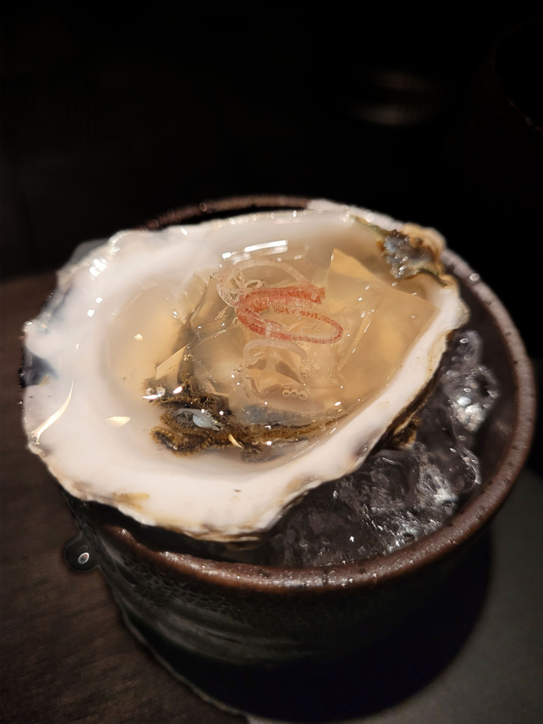 Oyster with Ginger Shiso Dashi Gelée on the opening menu at Cyrus restaurant in Geyserville. (Heather Irwin / Sonoma Magazine)