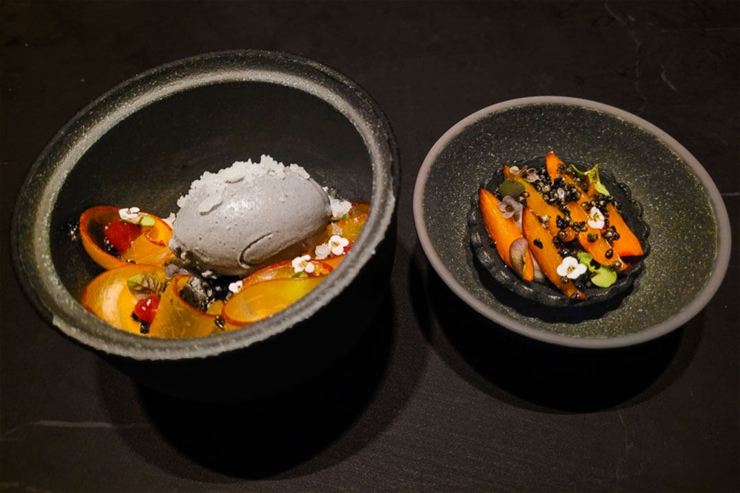 Plum, Black Sesame, Akajiso, Kokuto dessert on the opening menu at Cyrus restaurant in Geyserville. (Heather Irwin / Sonoma Magazine)