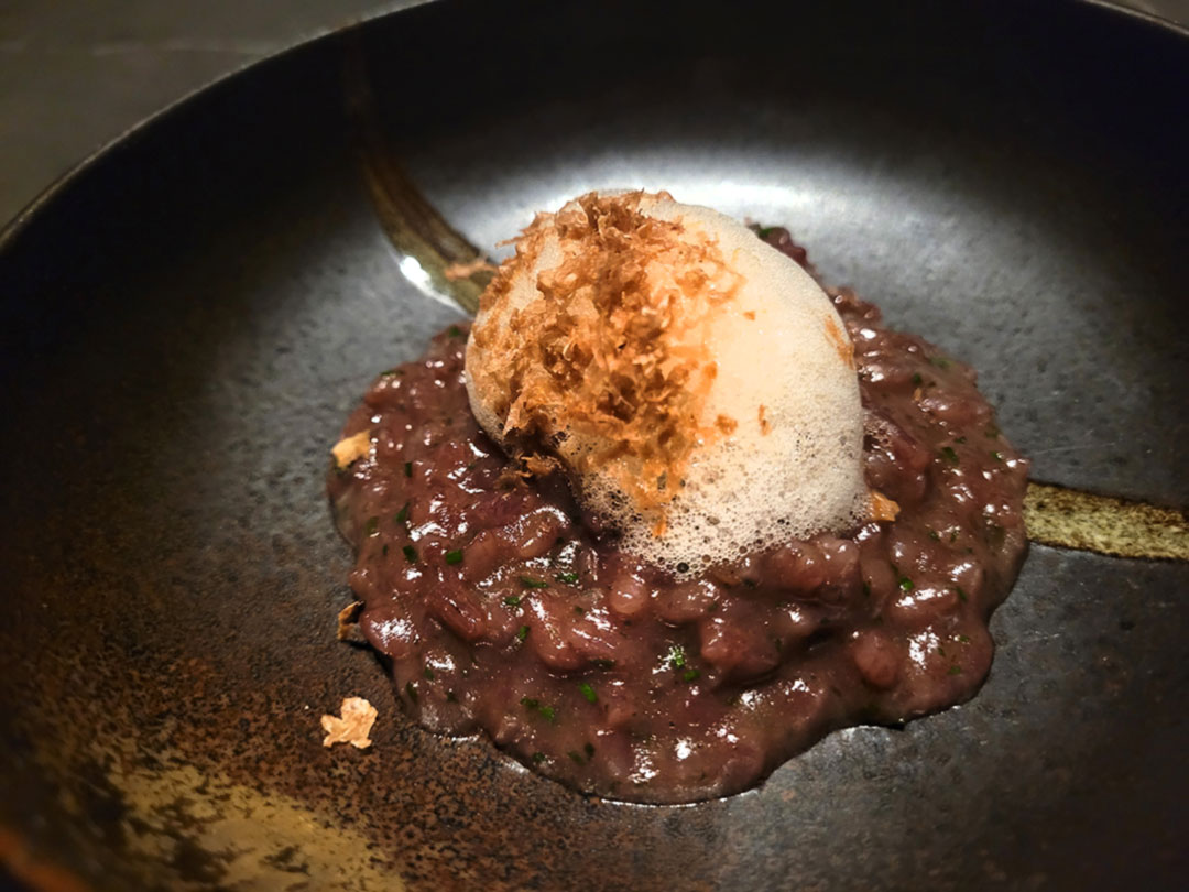 Red Wine Risotto, Parmesan Froth and White Truffles on the opening menu at Cyrus restaurant in Geyserville. (Heather Irwin / Sonoma Magazine)